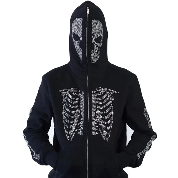 FULL zip Skeleton Rhinestone hoodie